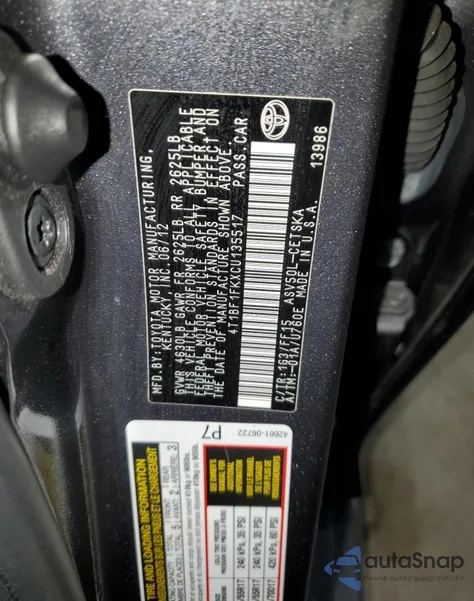 2012 Toyota Camry Base z USA, uszkodzony, nr VIN 4T1BF1FKXCU135517